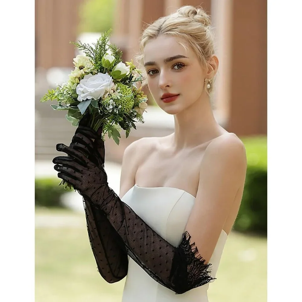 Women's Black Evening Long Lace Gothic Gloves Bridal Party Prom Costume